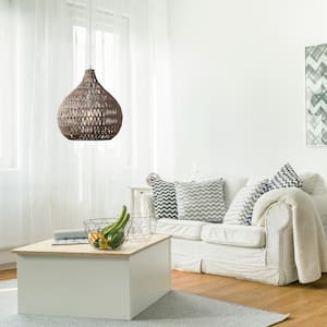 1-Light White Pendant with Woven Twine Shade and White Designer Fabric Cord, Vintage Incandescent Bulb Included