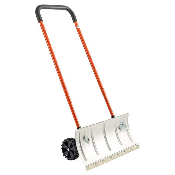 Winter Snow Pusher Shovel sweeping with Wheels 24 in. Durable Metal Snow Plow for Driveway