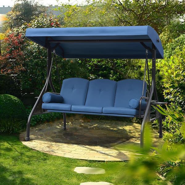 NOBLEMOOD 3-Seat Outdoor Metal Patio Swing with Canopy and 2 Foldable Side Trays, Cushions and Pillows, Blue