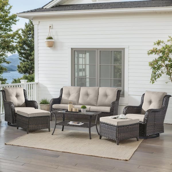 6-Piece Brown Wicker Patio Conversation Set with Olefin Beige Cushions and Swivel Glider Chairs/Sofa