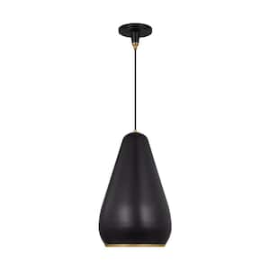 Clasica 13.375 in. W x 17.5 in. H 1-Light Aged Iron Small Pendant Light with Steel Shade, No Bulbs Included