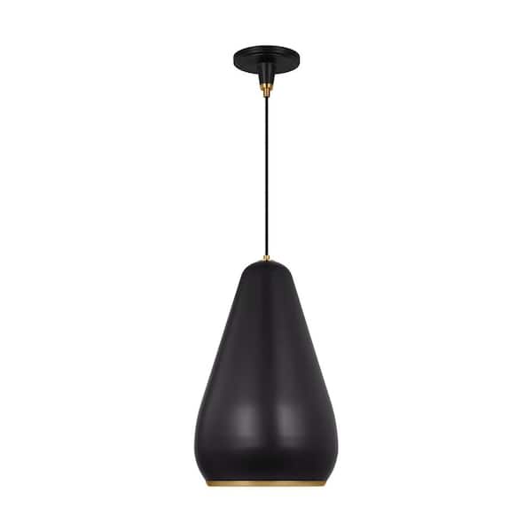 Generation Lighting Clasica 13.375 in. W x 17.5 in. H 1-Light Aged Iron Small Pendant Light with Steel Shade, No Bulbs Included