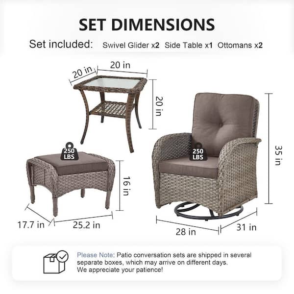 SleekArm 5-Piece Gray Wicker Patio Conversation Set with Olefin Gray Cushions Patio Swivel Chairs and Ottomans