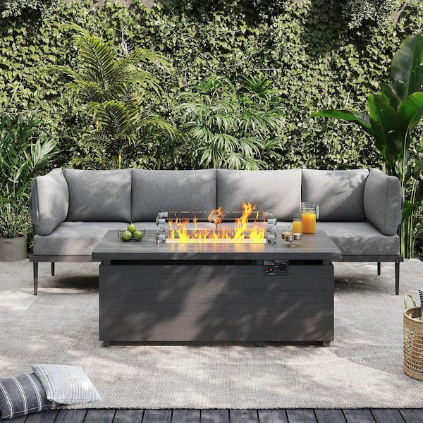 5-Piece Metal Patio Conversation Sectional Set with Grey Frame and Cushions and Gray Fire Pit Table