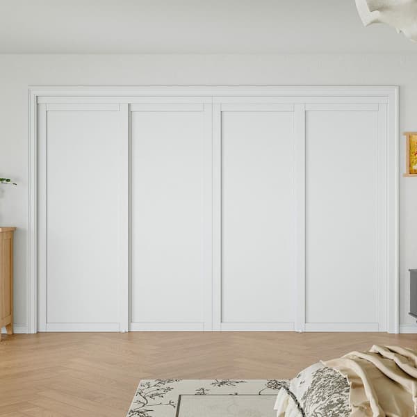 120 in. x 80 in. Paneled Primed White Solid Core MDF Closet Sliding Door with Hardware and No-Groove Handles