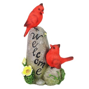 Solar Cardinals on a Hand Painted Welcome Rock Garden Statue