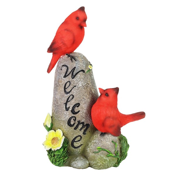 Exhart Solar Cardinals on a Hand Painted Welcome Rock Garden Statue