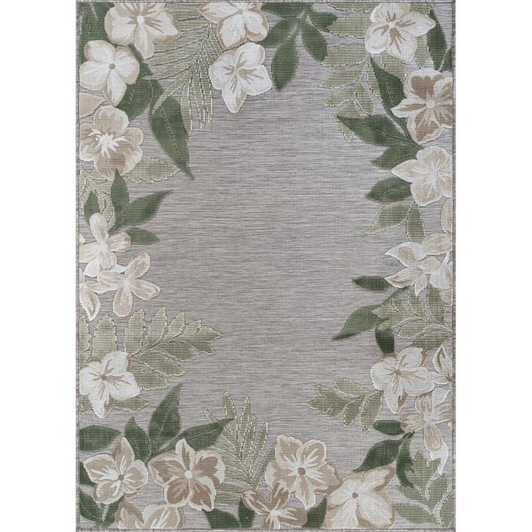 Eden 10 ft. x 14 ft. Green  Washable Border Floral Indoor Outdoor Area Rug