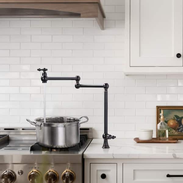 Antique Oil Rubbed Bronze Deck Mount Pot Filler Faucet, Solid Brass Pot Filler with Double Stretchable Joint Swing Arm
