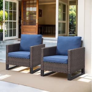 Valenta Brown Wicker Outdoor Lounge Chair with Blue Cushions(Set Of 2)