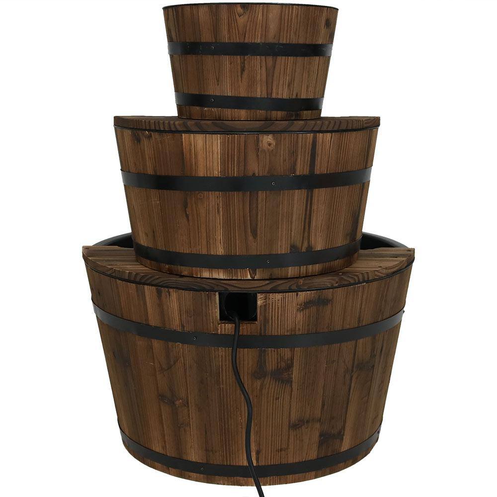 30-Inch Rustic Fir Wood 3-Tier Barrel Outdoor Fountain