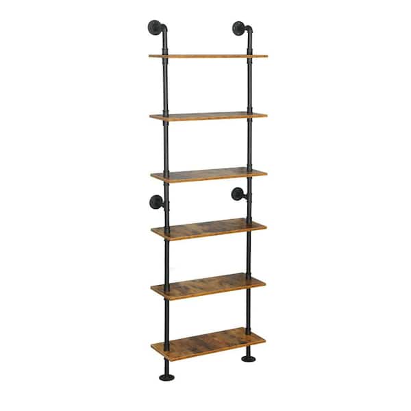 6-Tier Industrial Pipe Ladder Shelf, Wall-Mounted Bookcase with Rustic Wood Shelves, 23.6 x 9.8 x 78.8