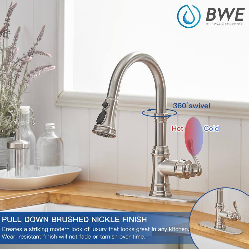 Brushed Nickel Single Handle Pull-Down Kitchen Faucet with Spray