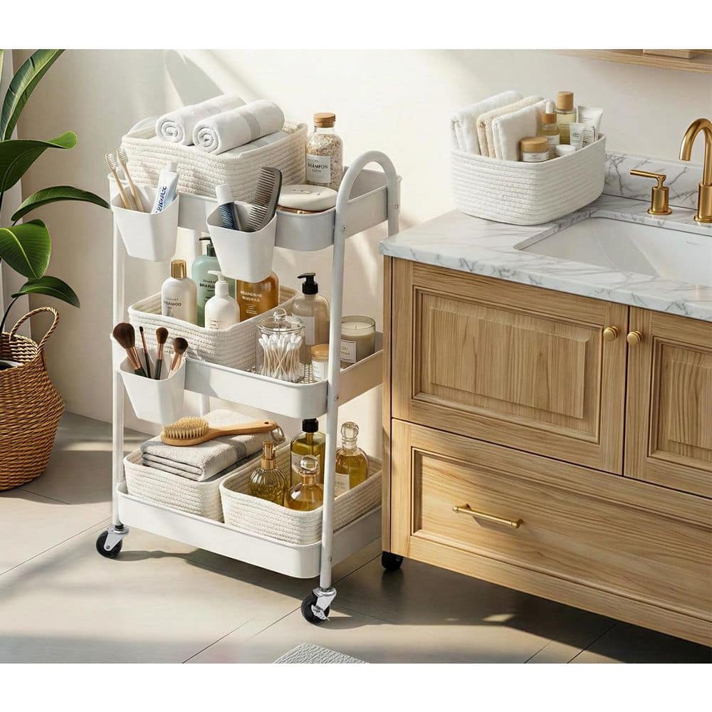 3-Tier White Rolling Utility Cart with 4-Woven Baskets, Metal Frame Trolley on Lockable Wheels, Rust-Resistant