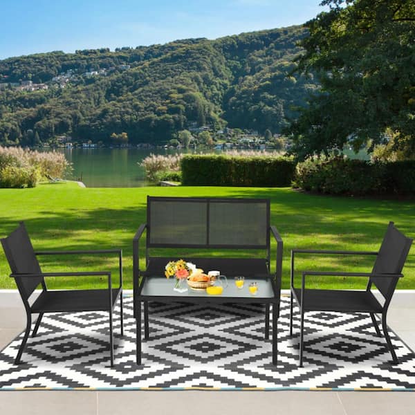 Kadehome 4-Piece Metal Frame Patio Conversation Set with Coffee Table in Black