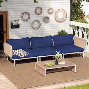 3-Piece Drawcord Metal Outdoor Sectional Set with Navy Blue Cushions