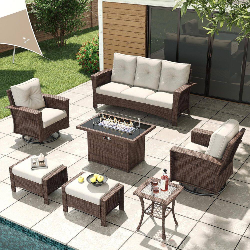 7-Piece Wicker Outdoor Patio Fire Pit Conversation Set with Beige Cushions and Swivel Rocking Chairs price history on PriceWatchPro
