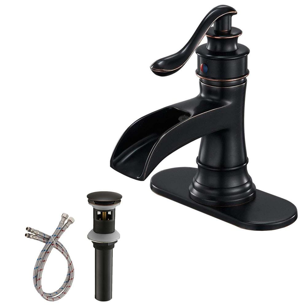 Single Handle Single Hole Bathroom Faucet with Pop-Up Drain Brass Waterfall