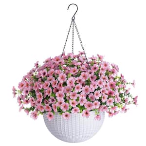 15 .7 in. Fake Plant Hanging Plants with Basket, Artificial Silk Pink Daisy Eucalyptus Flower Hanging Plant