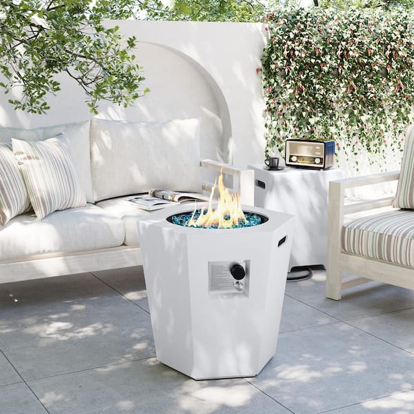 UPHA 24 in. 40,000 BTU Porcelain White Hexagon Concrete Outdoor Propane Gas Fire Pit Table with Propane Tank Cover