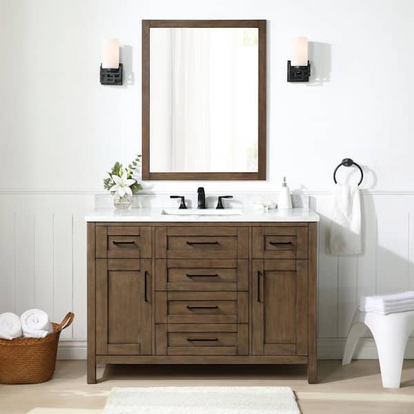 Tahoe 48 in. Single Sink Freestanding Almond Latte Bath Vanity with White Engineered Stone Top and Mirror (Assembled)