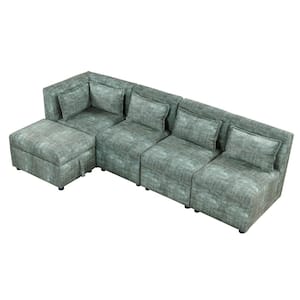 78 in. Free-Combined Chenille Sectional Sofa in Blue Green with Storage Ottoman and 5 Pillows