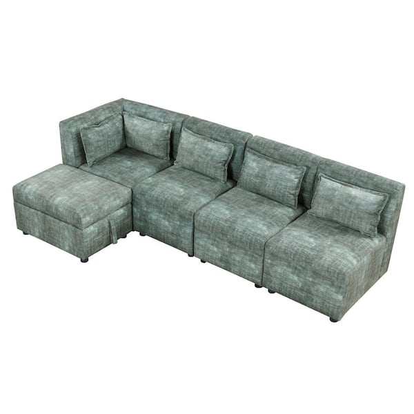 Nestfair 78 in. Free-Combined Chenille Sectional Sofa in Blue Green with Storage Ottoman and 5 Pillows