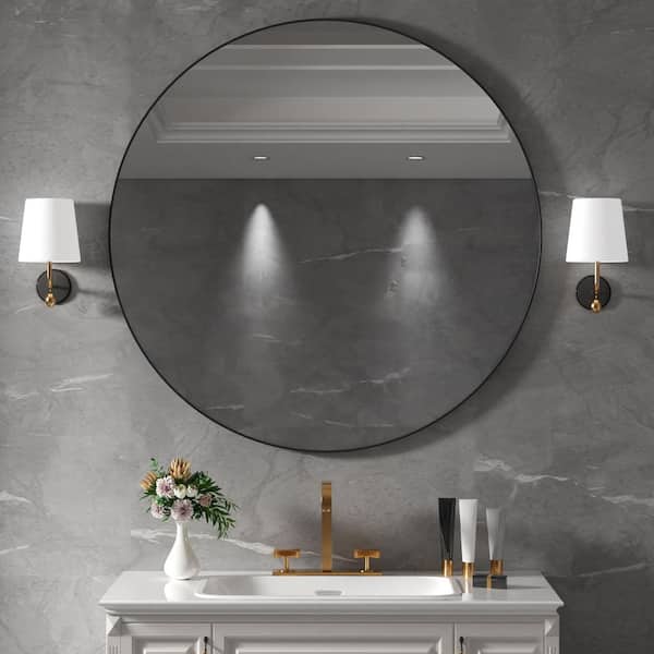 36 in. W x 36 in. H Round Aluminum Framed Wall Bathroom Vanity Mirror in Glossy Black