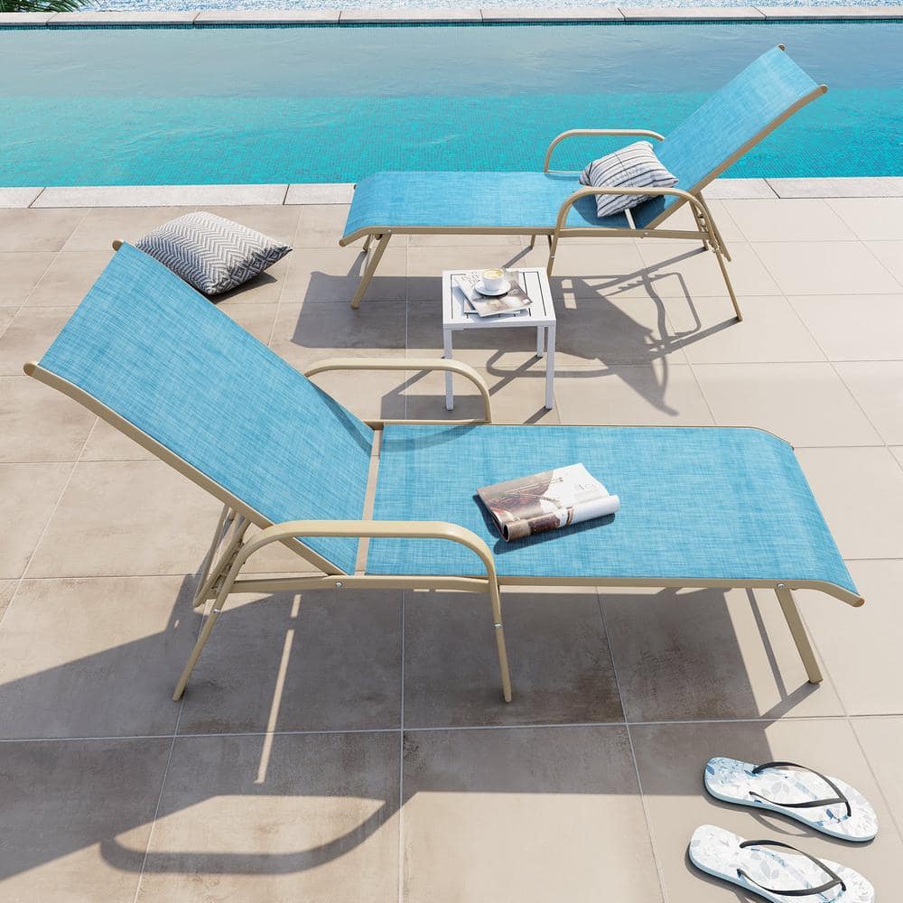 Crestlive Products 2-Piece Aluminum Adjustable Outdoor Chaise Lounge in Blue with Armrests