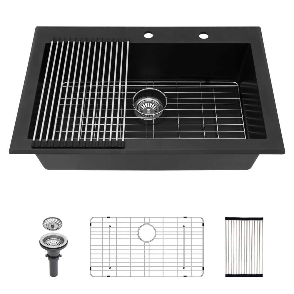 33 in. Drop-In Single Bowl Black Quartz Kitchen Sink with Bottom Grid, Baskets Strainers Assembly, Drying Roll-up Rack price history on PriceWatchPro