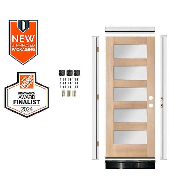 DIY 36 in. x 80 in. Hemlock 5-Lite Left-Hand Frosted Glass Unfinished Wood Front Door Kit w/ Quick Assemble Jamb