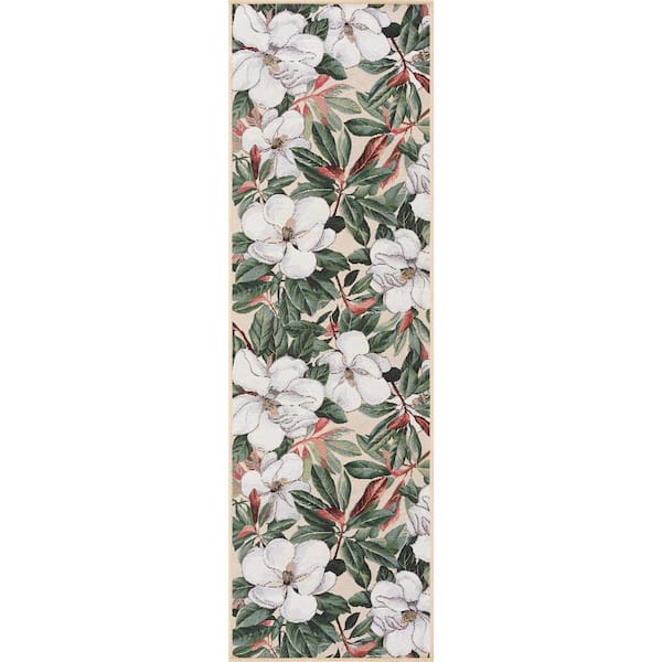 Tayse Rugs Stunning Cream 2 ft. x 8 ft. Floral Indoor/Outdoor Runner Rug
