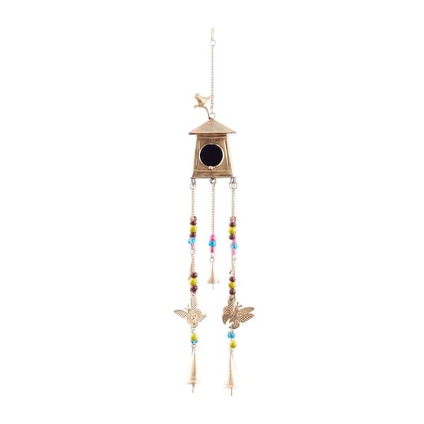 Litton Lane 29 in. Gold Metal Butterfly Indoor Outdoor Birdhouse Windchime with Glass Beads and Bells