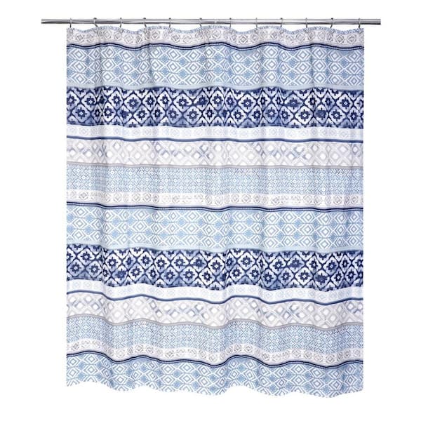 m MODA at home enterprises, ltd 71 in. W x 71 in. White/Blue Elliott Shower Curtain Polyester