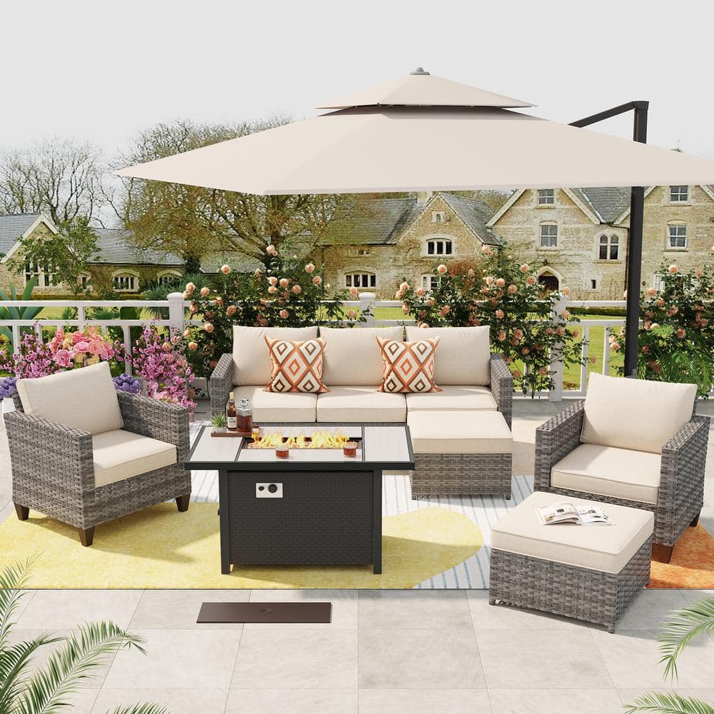 XIZZI Milan Gray 6-Piece Wicker Outdoor Patio Rectangular Fire Pit ...