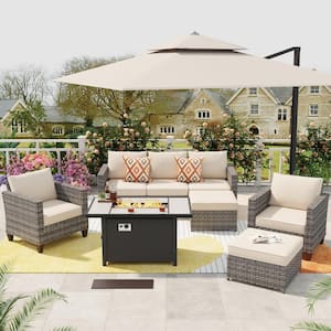Milan Gray 6-Piece Wicker Outdoor Patio Rectangular Fire Pit Seating Sofa Set and with Beige Cushions