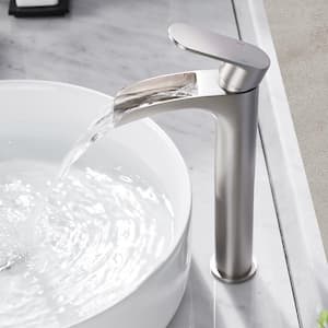 Single Handle Single Hole Waterfall Bathroom Faucet Bathroom Sink Faucet with Supply Hoses in Brushed Nickel