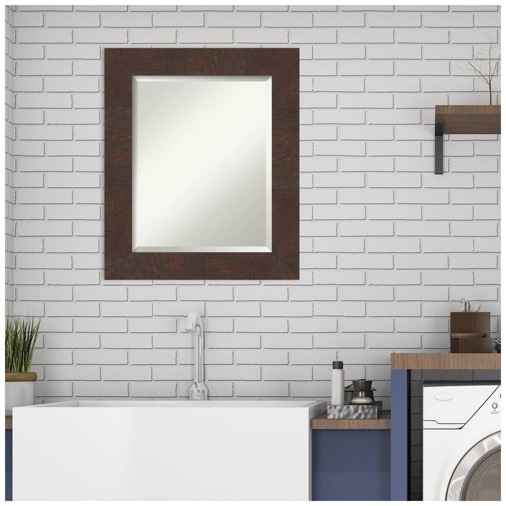 Woodgrain Walnut Brown Rectangular Bathroom Vanity Mirror with Silver Accents