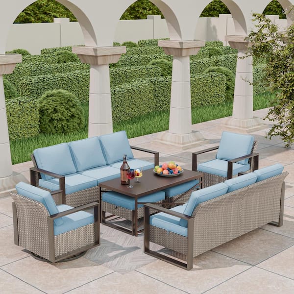 MeetLeisure 7-Piece Wicker Outdoor Patio Conversation Set with Light Blue Cushions and Coffee Table