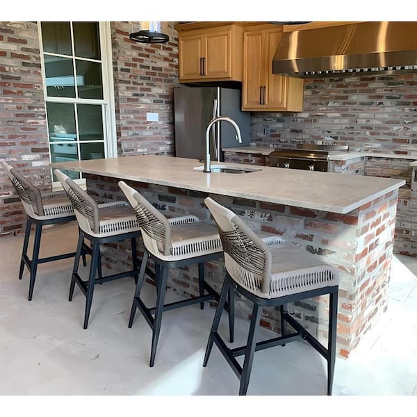 Modern Aluminum Twill Wicker Woven Bar Height Outdoor Bar Stool with Back and Dark Gray Cushion (2-Pack)