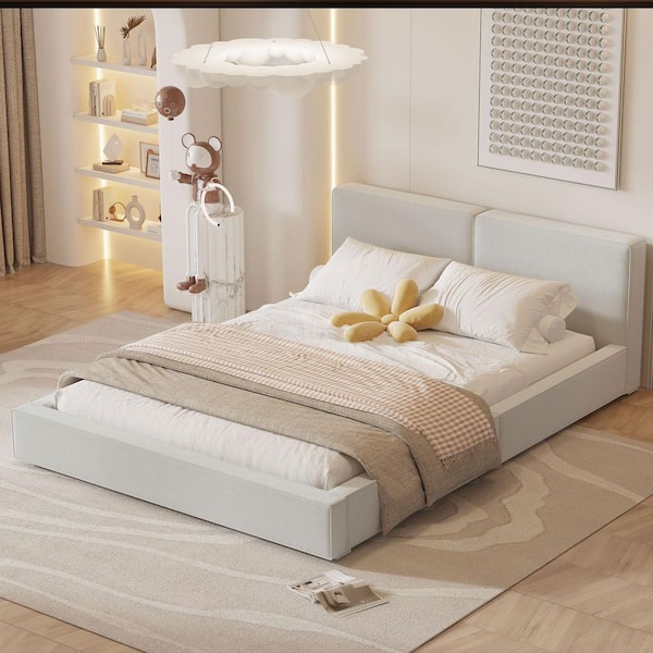 Beige Wood Frame Queen Size Platform Bed with Velvet Fabric, Solid Frame