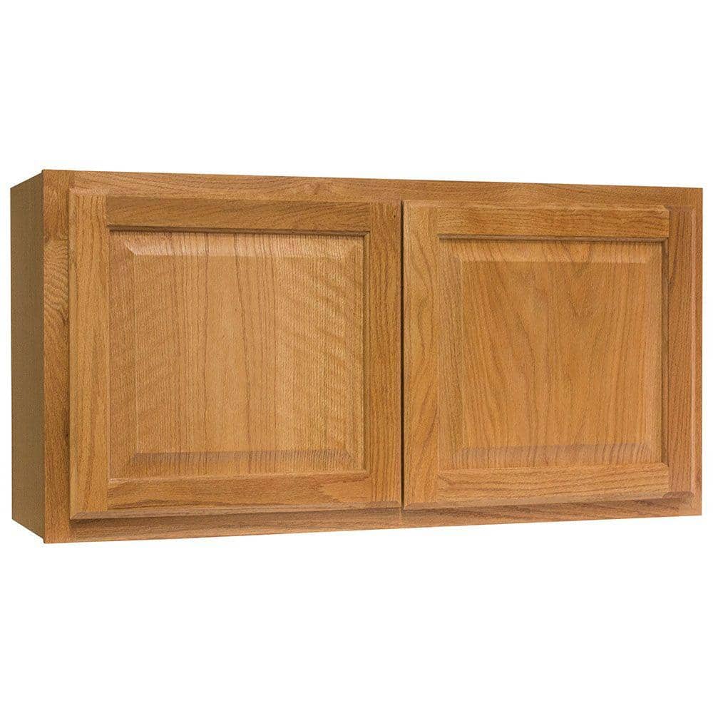 Hampton Bay Hampton 36 in. W x 12 in. D x 18 in. H Assembled Wall Bridge Kitchen Cabinet in Medium Oak without Shelf