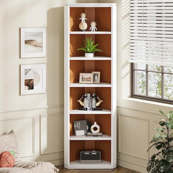 BYBLIGHT Eulas 15 in. Tall White Wood 7-Shelf Corner Bookcase Large Wood Display Shelf for Living Room, Bedroom, Home Office