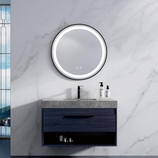 ELLO&ALLO 24 in. W x 24 in. H Single Round Frameless LED Light Wall Bathroom Vanity Mirror with Shelf, Clear