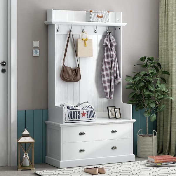 Harper & Bright Designs Vintage Style 38.5 in. W White Hall Tree with 5 Metal Hooks and 2 Large Drawers