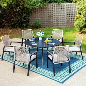 7-Piece Black Metal Patio Outdoor Dining Set with Round Table and Woven Rope Chair with Beige Cushions