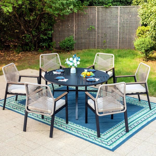 7-Piece Black Metal Patio Outdoor Dining Set with Round Table and Woven Rope Chair with Beige Cushions