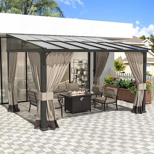 10 ft. x 12 ft. Brown Hardtop Wall Mounted Gazebo with Sloping Pitched Roof and Curtain Sand