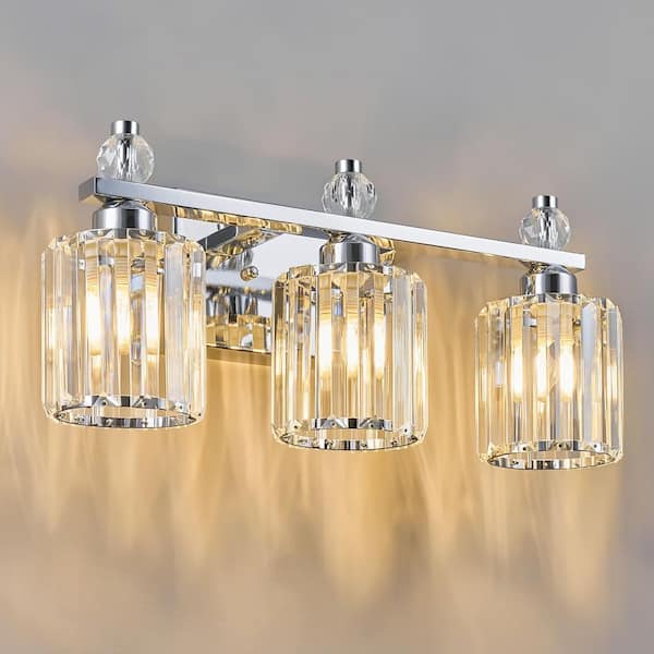 Home Lighting 18.89 in. 3-Light Chrome Round Modern Crystal Vanity Light Fixtures Over Mirror For Bathroom (JW-291)