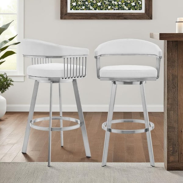 Armen Living Chelsea 30 in. White/Brushed Stainless Steel High Back Metal Swivel Bar Stool with Faux Leather Seat